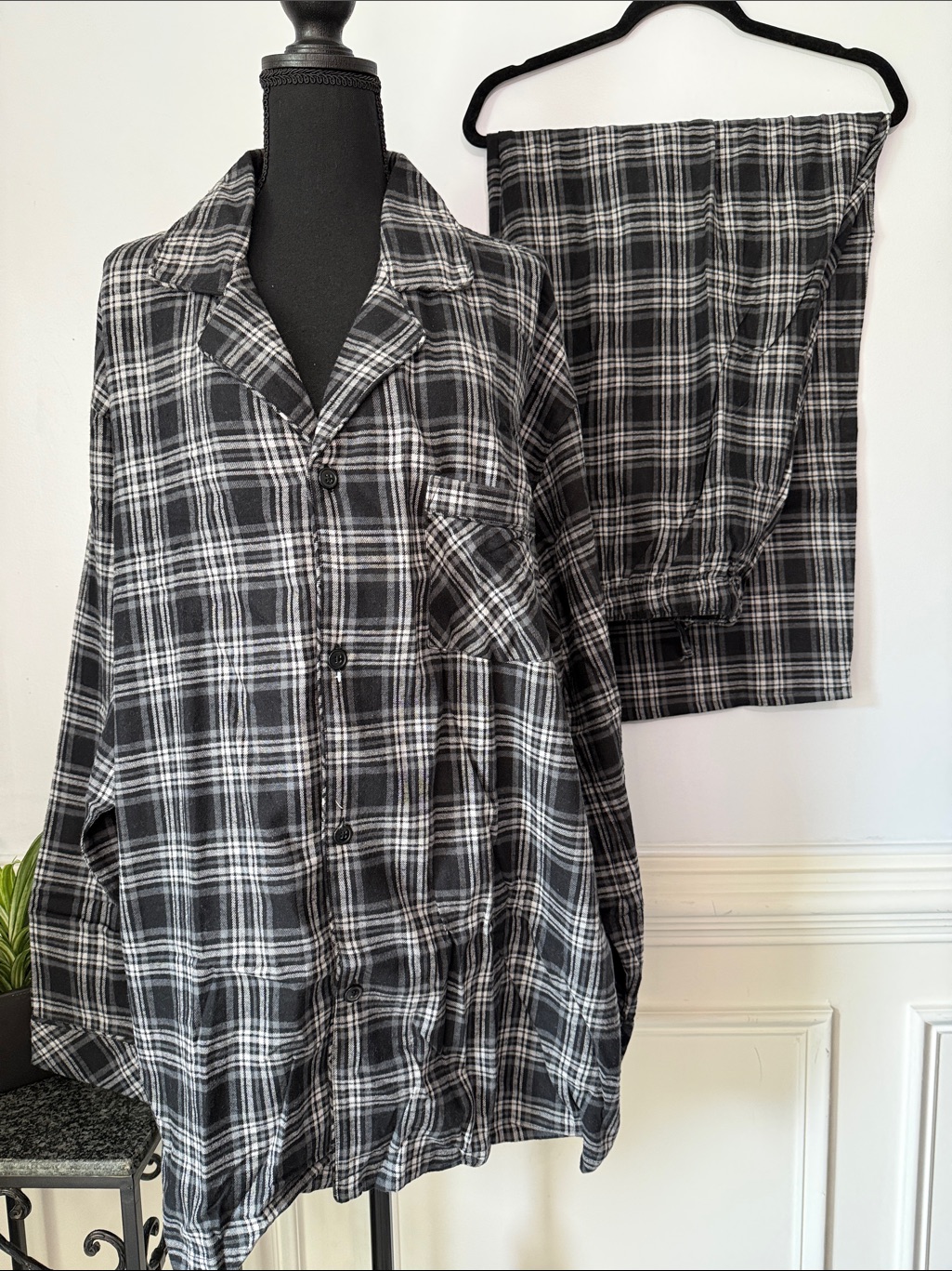 Nwt Stafford Black Gray Plaid Soft Flannel Sleep Shirt Pants Set Xxl